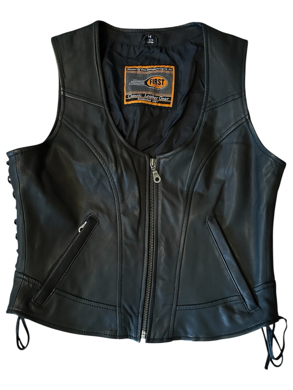 Classic Black Leather Motorcycle Vest - Women's Size M